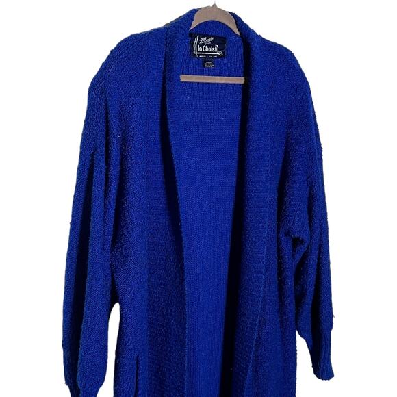 Vintage Monto par le Chois II Royal Blue Long Cardigan 100% Acrylic Chunky Knit - Picture 9 of 10